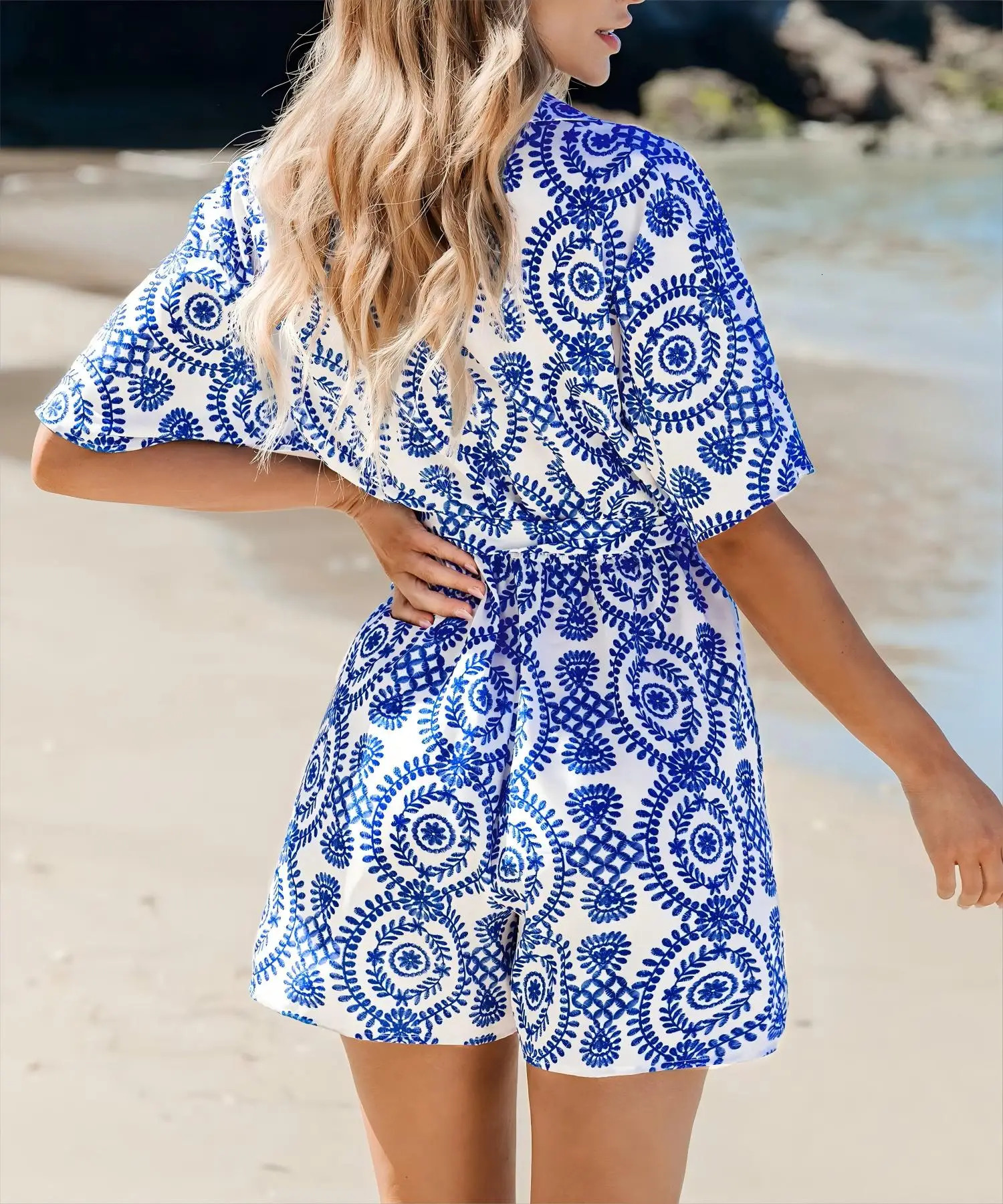 Printed button style short sleeved jumpsuit stylish and comfortable suitable for daily wear casual occasions all 250326