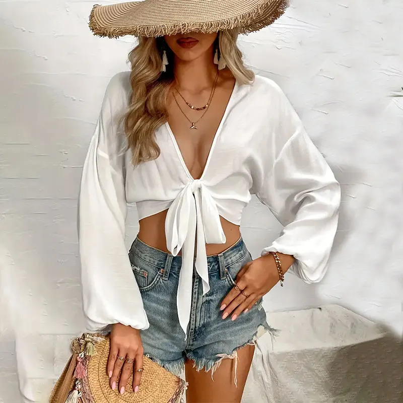Swimsuit white beach vest sexy Vneck long swimsuit womens bikini Tunic Pareos pants beachwear 250326
