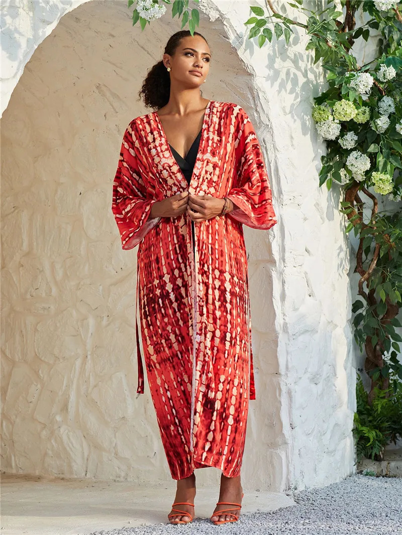 Womens long kimono swimsuit fashionable tie dye open seaside swimsuit 250324