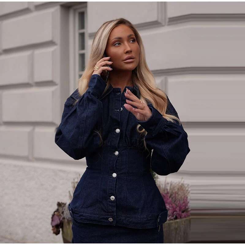 Women's Coat Spring New Denim Women Skirts Set Fashion Lapel Long Lantern Sleeve Slim Fit Waist Top Irregular Hem Mini Skirt Lady Suit