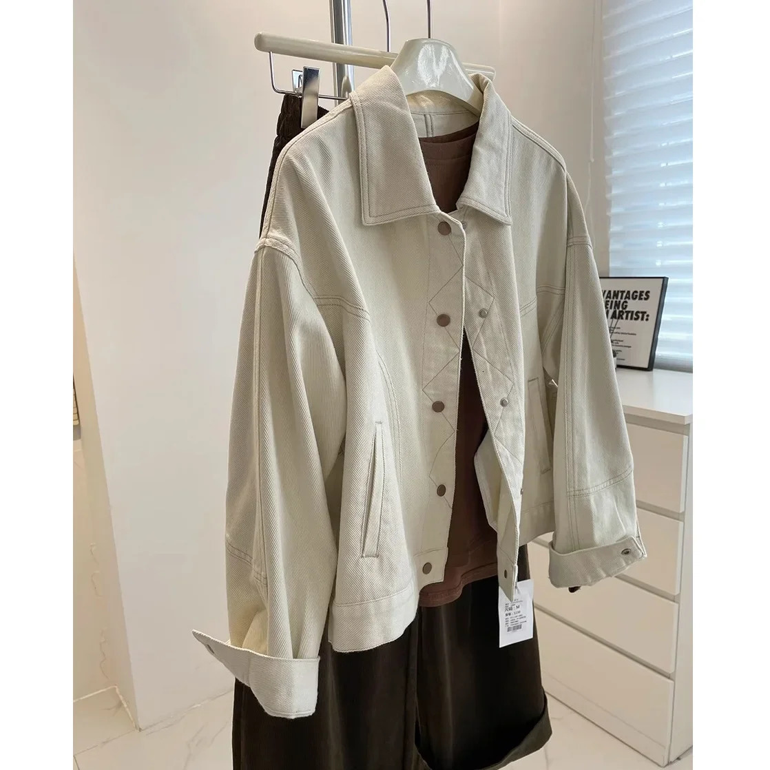 Korean style beige denim jacket loose and casual womens short spring autumn patchwork n Versatile weight loss top 250326
