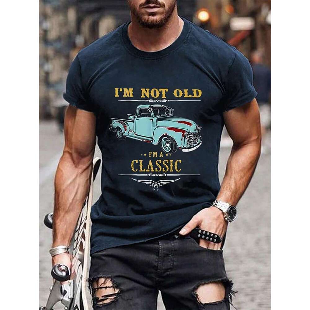 Classic car pattern printed men s T shirt comfortable fit soft fabric perfect for summer outdoor casual fashionable gift