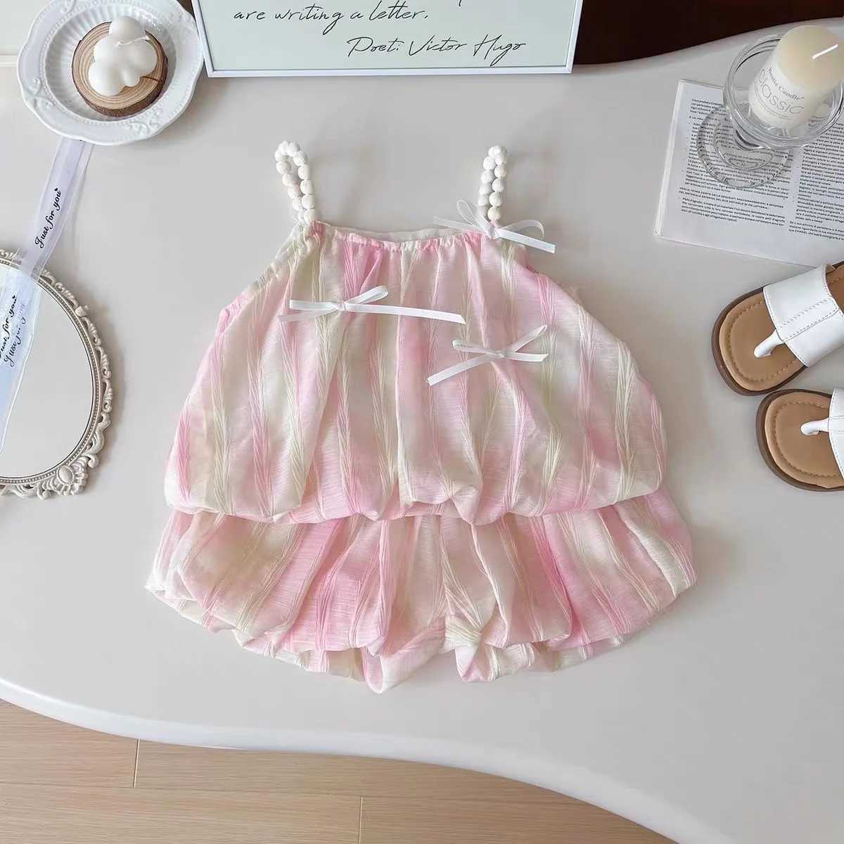 Korean Summer Childrens Baby Girls 2PCS Clothing Set Bow Comparison Slide Top Soft Thin Fluffy Shorts Preschool Girls SetT250327