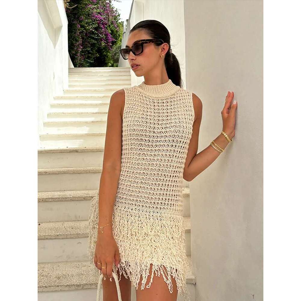 Tassels Hollow Knit Out Elegant Mini Dress Women Slim O-neck Sleeveless Female Beach Dresses 2025 Summer Lady Fashion Vestidos
