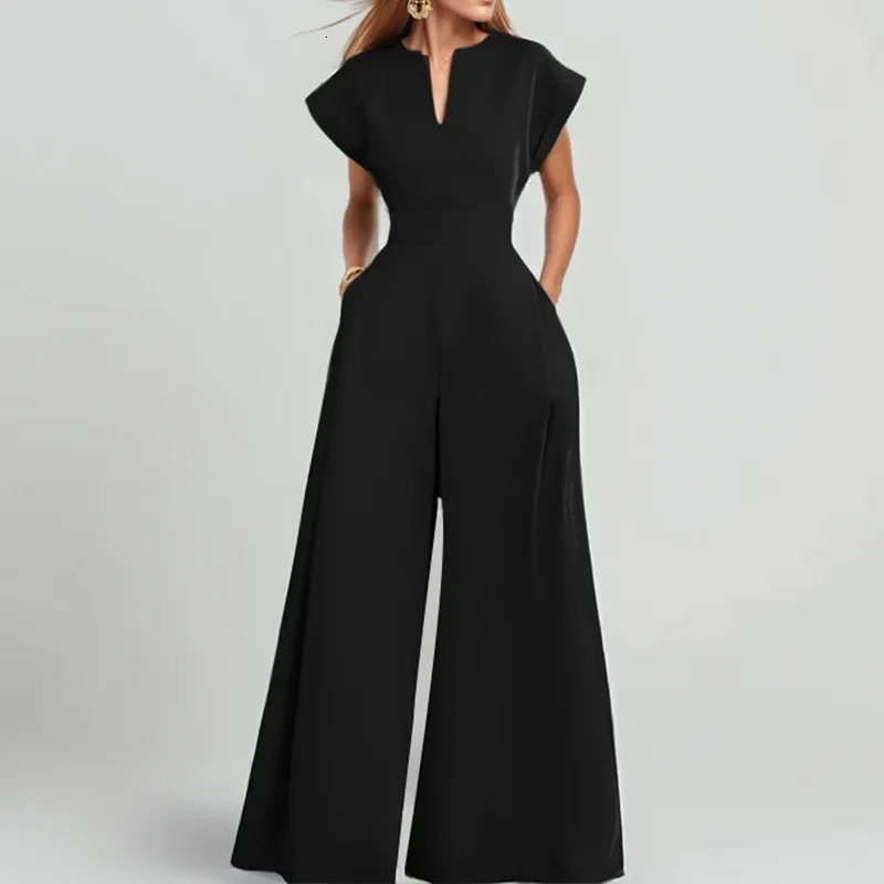 Womens loose fashionable elegant short sleeved collar solid color wide leg jumpsuit casual and comfortable onepiece set 250326