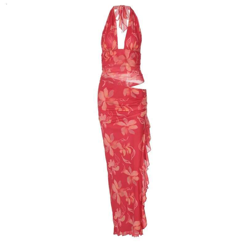 Dongdumaoyi Dames Sexy Diepe V Bustier Patchwork Crop Top Lange Ruches Halterjurk C