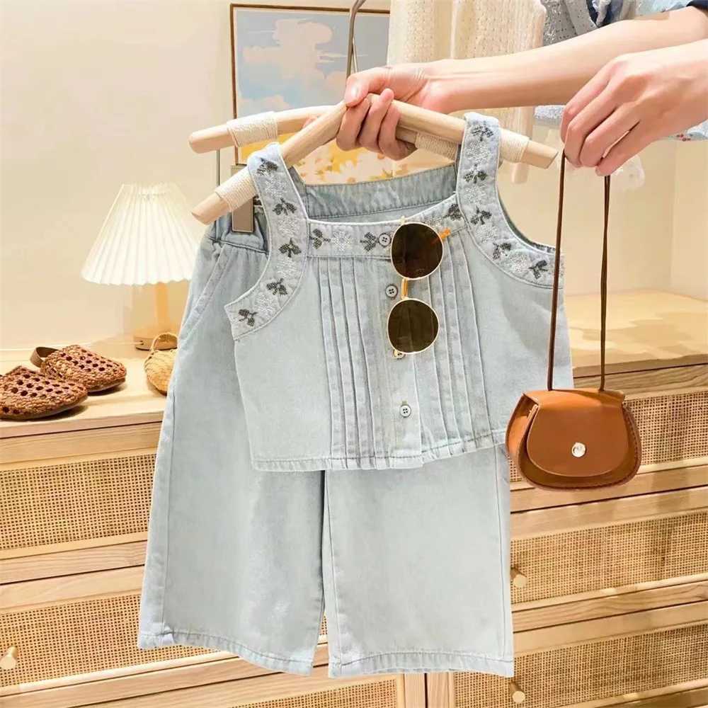 Summer new girls vest set childrens embryonic flower hanging jeans two-piece setT250327