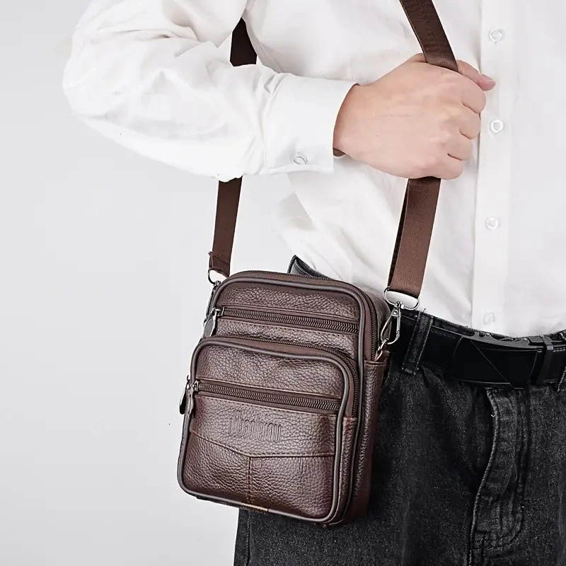 Mens leather cross body bag vertical fashionable multifunctional shoulder briefcase casual travel messenger 250326