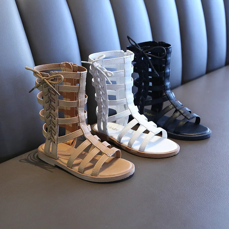 Girls Roman Sandals Summer Children High Tube Shoes Fashion Kids Girls Princess Bowknot Sandals E502 250326