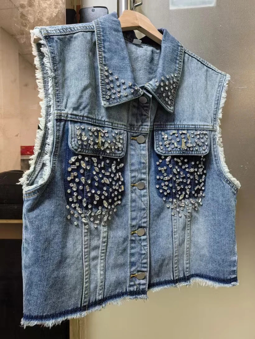 Womens Cowboy Waist Sleeveless Diamond Splicing Tank Top High Short Jacket Spring Korean Clothing 250326