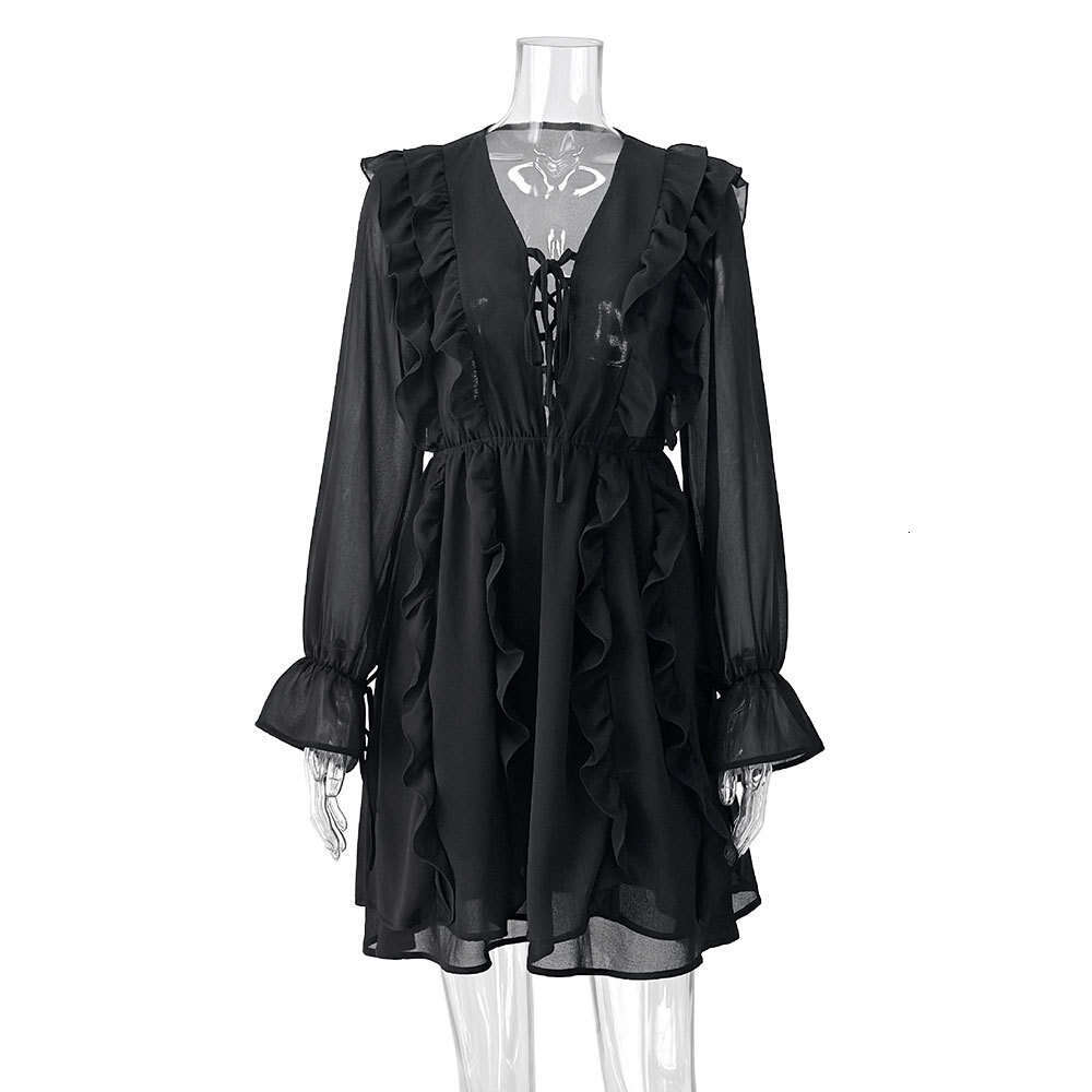 V Neck Through Sexy See Long Sleeve Mini Dress Elegant Lace Up Layered Curg Edge Hollow Out Gown New Female Party Vestidos