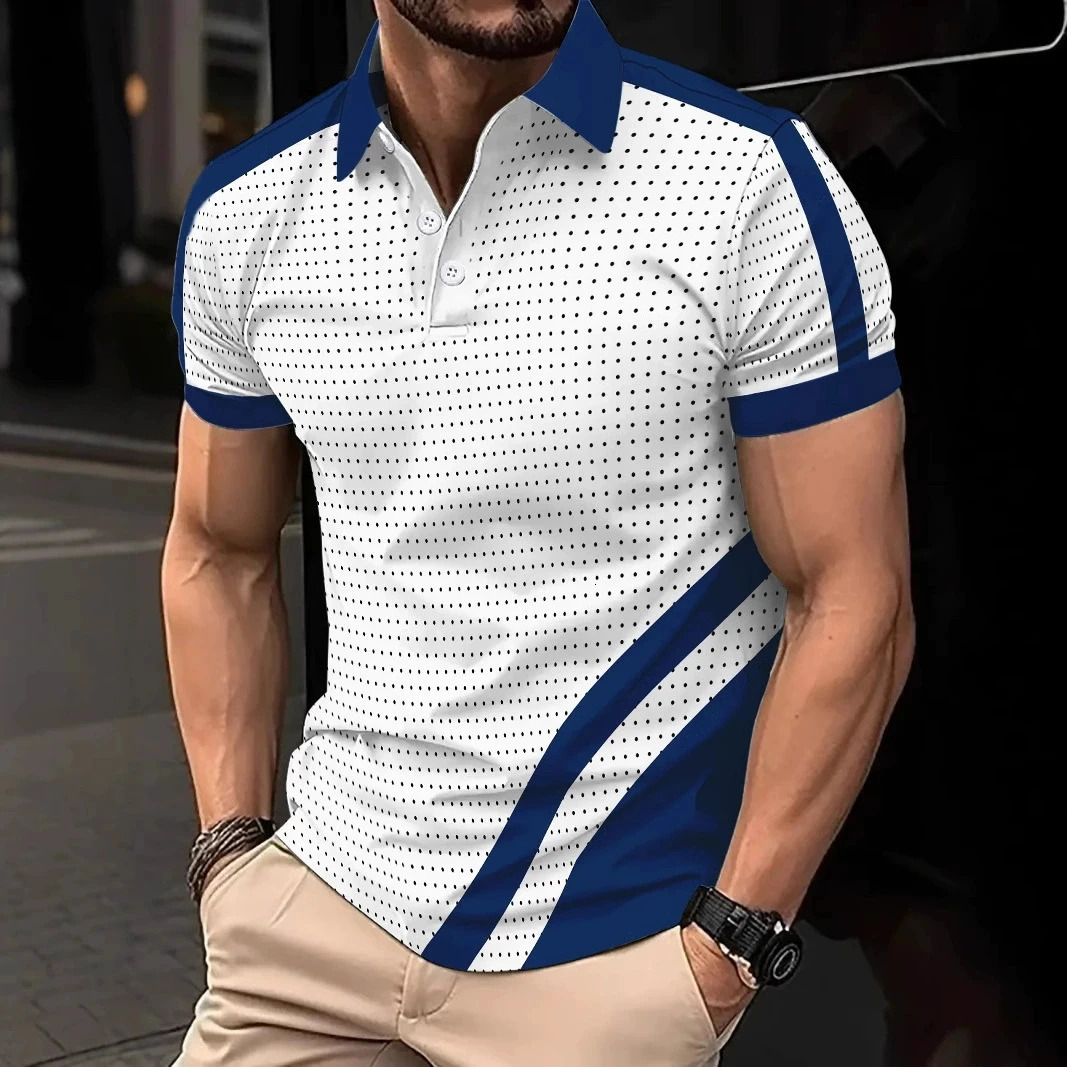 Summer Casual Mens Daily Small Round Dot Printed Polo Shirt Button Fashionable Breathable Sports 250327