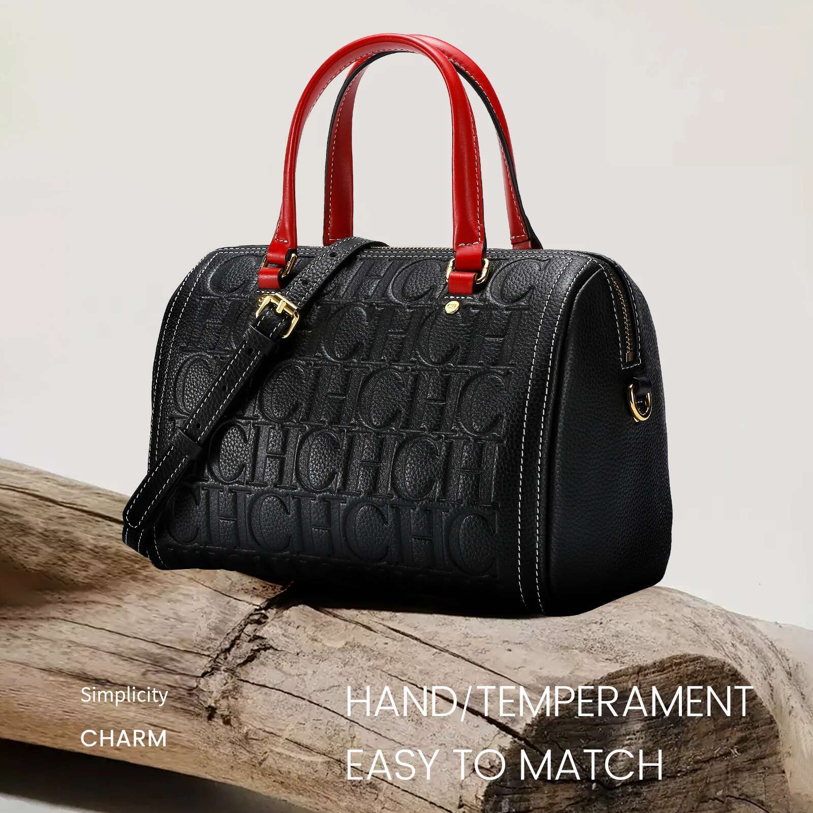 CHCH Women's Shoulder 2024 New Black Cow Leather Letter Emed Zipper Tote Bag 26*14.5*18Cm