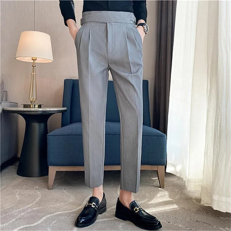 British Style Men High Waist Casual Dress Pant Men Belt Slim Trousers Formal Office Social Wedding Party Dress Suit Pants 250317