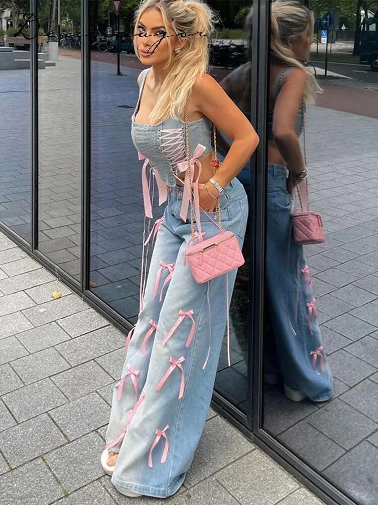Casual Washing Bow Women Jeans High Waist Wide Leg Zippers Pockets Female Spring Summer New Fashion Lady Trouser