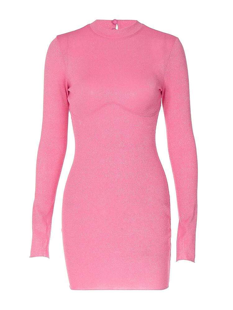 Dongdumaoyi Nieuwe Effen Kleur Mode Heldere Zijde Lange Mouw Sexy Halter Slanke Street Style Jurk C