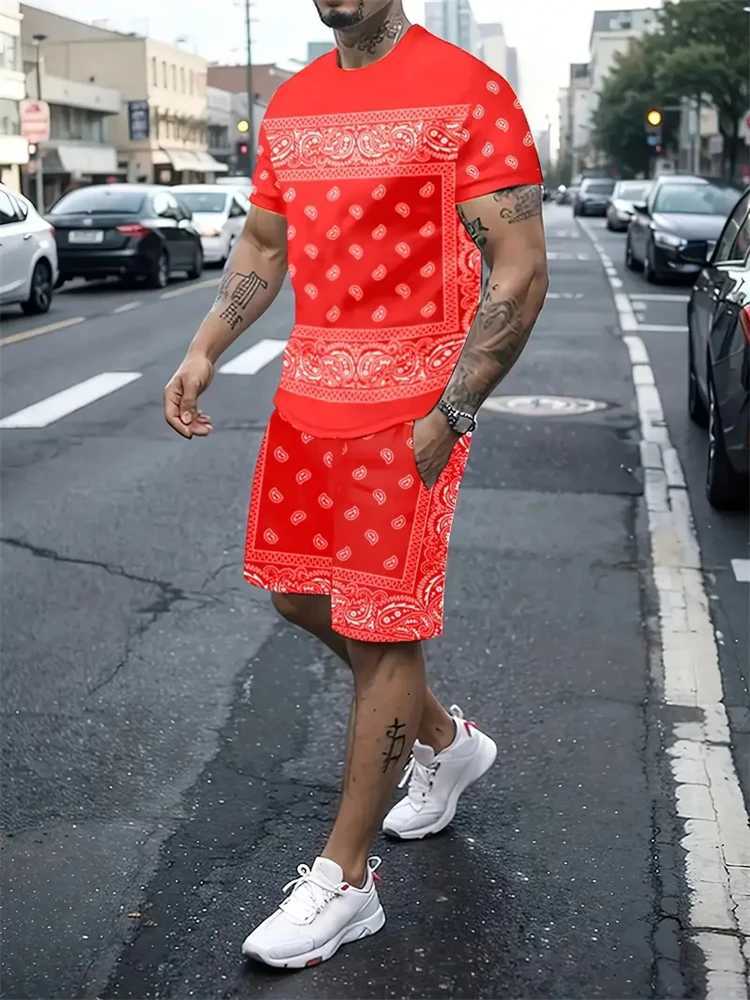 Mens Casual Short Sleeve Shorts Set New Hundred Cashew Flower Printed T-shirt And Drawstring Shorts Two Piece Summer ClothingXJ250326
