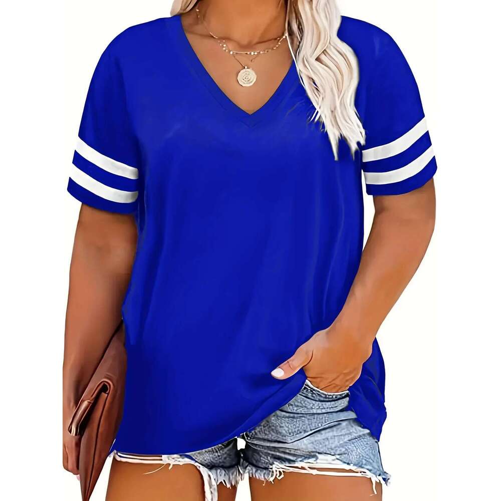 Women's short sleeved V-neck T-shirt, plus size 1XL-4XL, casual, solid color, loose, sporty, outdoor, women's clothing