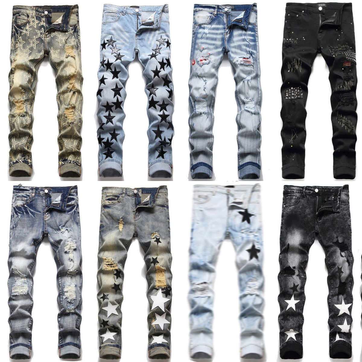 Men's Designer Jeans Embroidery Hip Hop Joker Denim Pants Men Broken Hole Patch Elastic Slim Feet Pencil Trousers