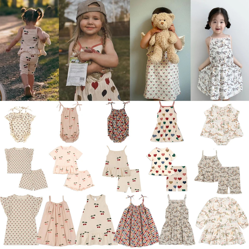 Children Clothes Suit Summer KS Girls Heart Print T-shirt Shorts Kids Dresses Baby Sling Tops T Rompers Casual Outfit Sets 250326