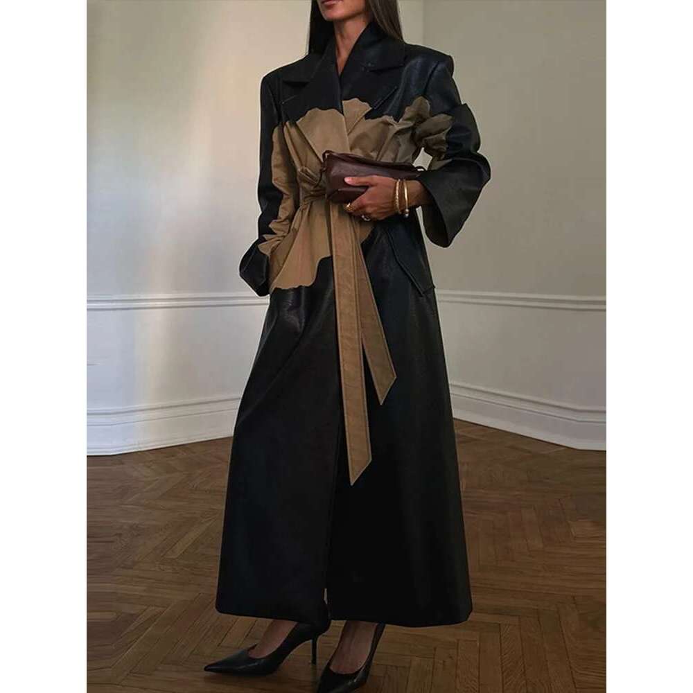Women's Coat Elegant Contrast Leather Trench Coat Women Lapel Single Breasted Split Female Overcoat With Belt Autumn Winter Lady Outwear