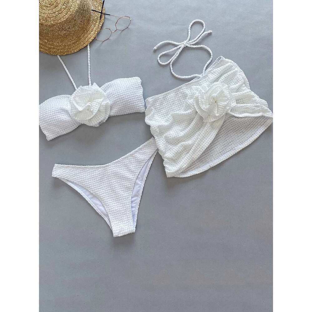 New Sexy 2025 Crochet Mesh Three Pieces Bikini Sets Swimsuit For Women 3D wers Swimwear Female Solid Bathing Suits Beachwear