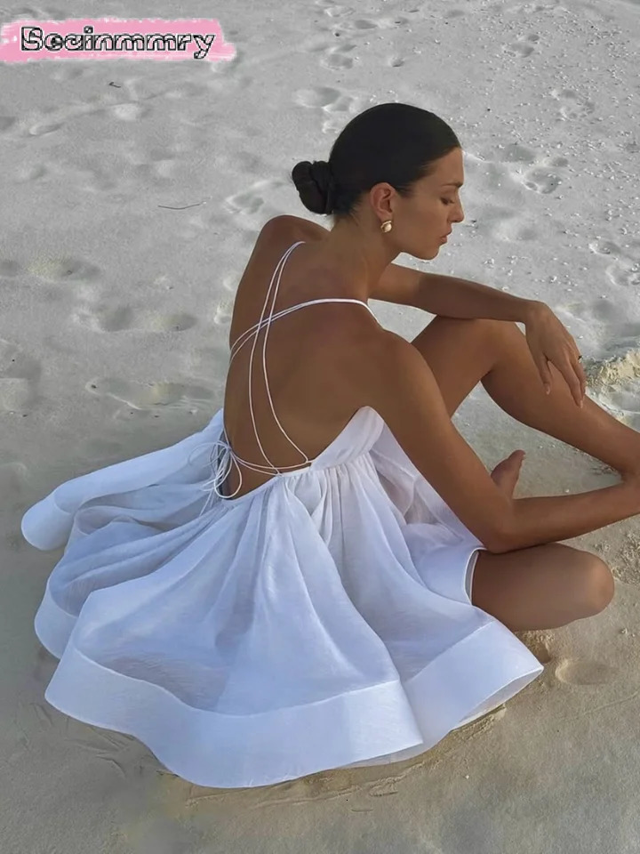 Sexy solid womens lace mini dress fashionable backless sling sleeveless pleated fluffy 2025 beach vacation 250324