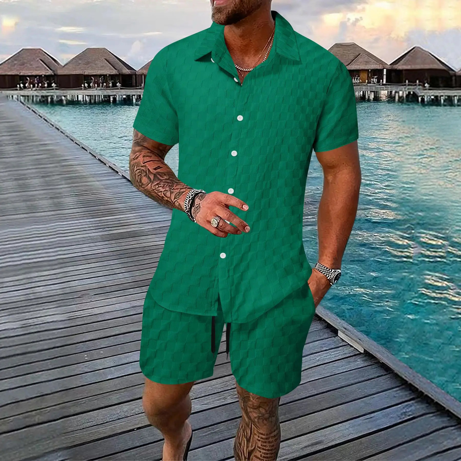 Summer Mens Fashion Beach Set Outdoor Sports and Leisure Shirt Solid Color Checkered Short Sleeve Shorts Two Piece 250326