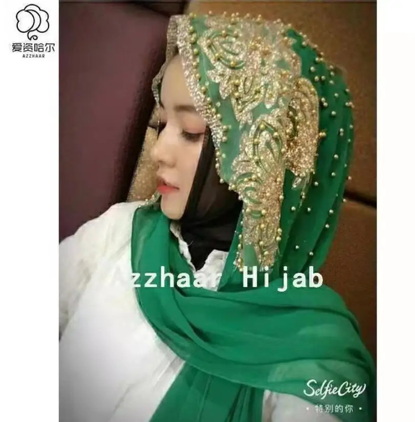 Muslim chiffon headscarf beaded womens Muslim gold diamond sequin long scarf headscarf Hoofddoek fashionable flat headscarf 250322