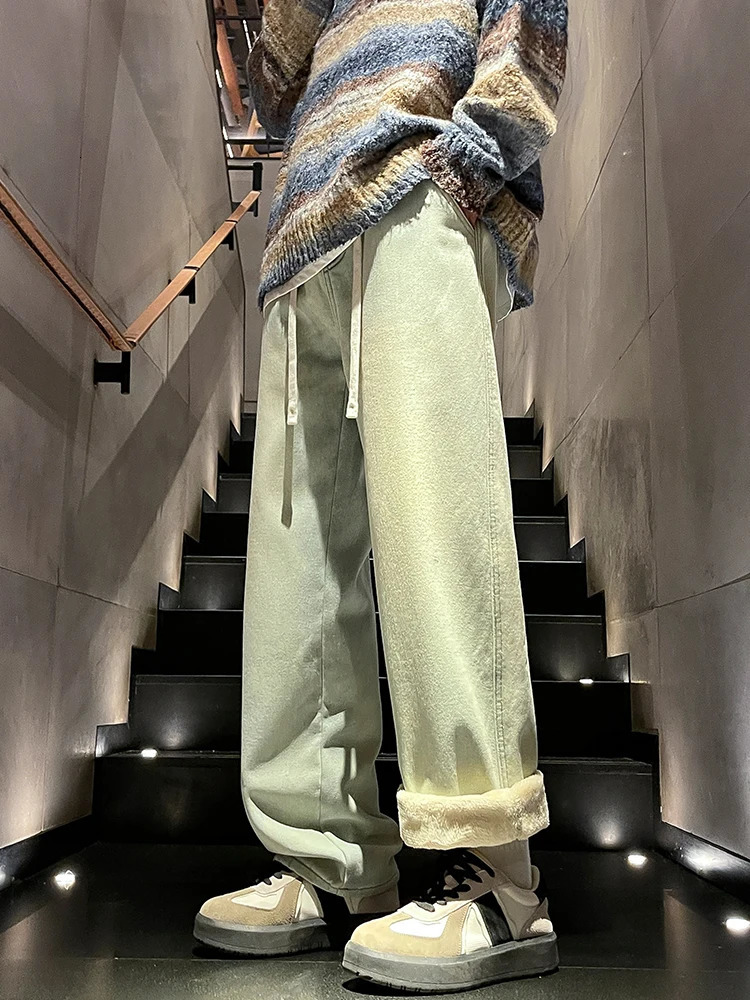Winter Mens Jeans Korean Fashion Fleece Liner Thick Warm Straight Denim Pants Washed Cotton Retro Blue Wide Leg Jean Trousers 250317