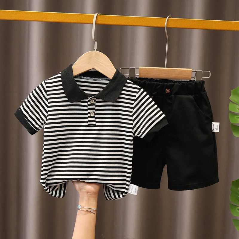 Summer childrens set baby boy fashion striped set childrens casual shirt+shorts 2PCS children 1-5Y cotton short sleeved trend clothingT250327