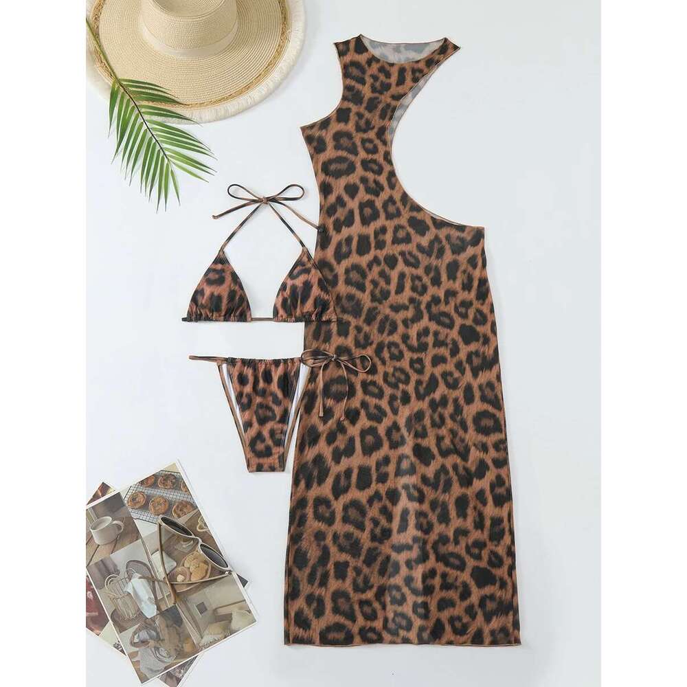 3 Pieces Leopard Triangle Halter String Bikini Hollow Out Swimsuit Women Swimwear Female Bathers Bathing Swimming Swim Suit