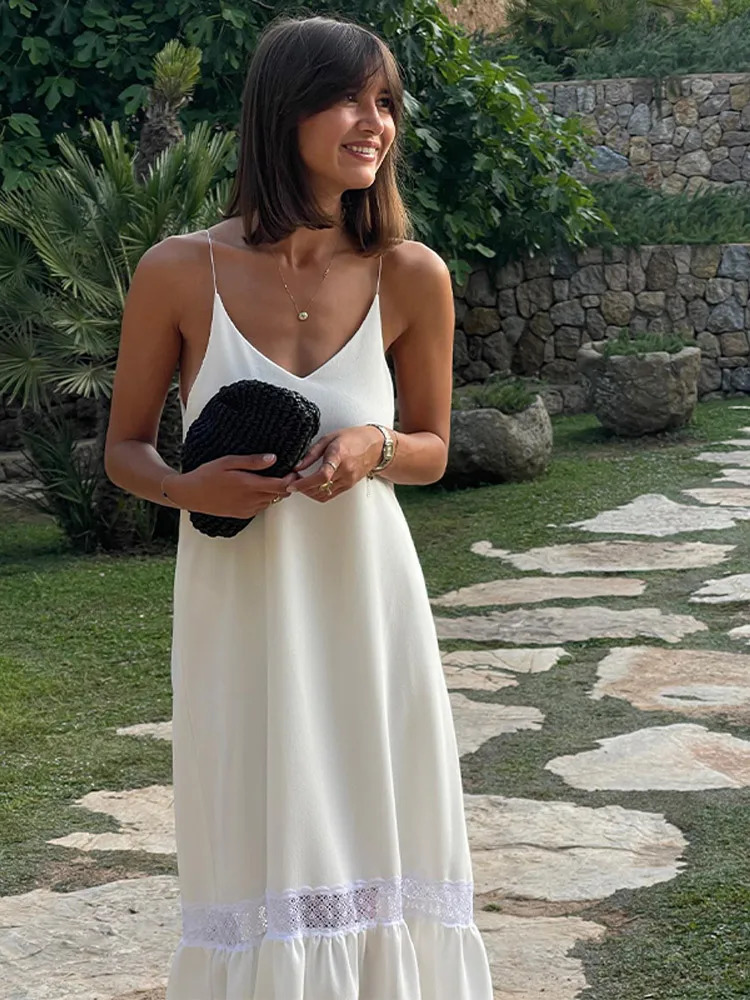 Elegant womens backless satin long skirt casual loose Vneck side split shoulder strap robe 2024 summer vacation beach sun 250324
