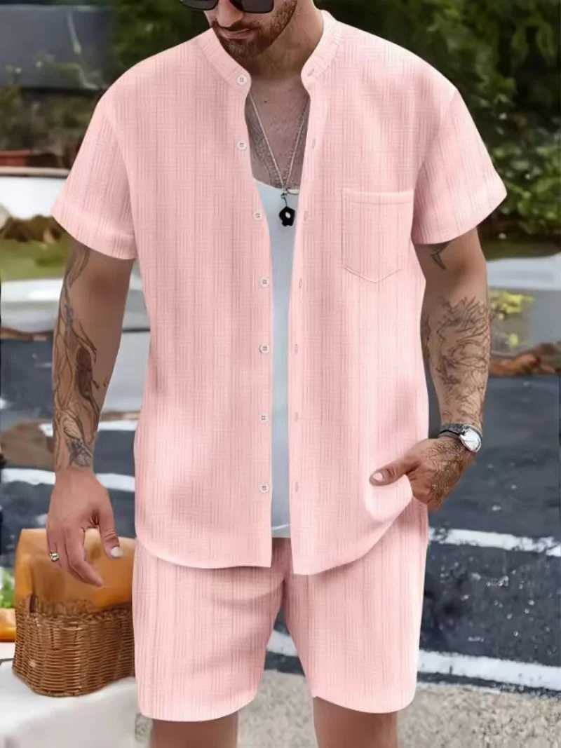 2015 Summer Mens Casual Jacquard Solid Color Shirt Round Neck Pocket Fashion and Comfortable Short Sleeve Shorts Two Piece SetXJ250326