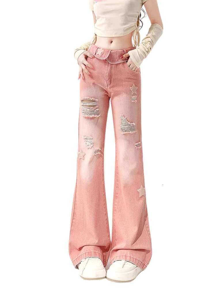 Women Pink Star Jeans Haruku Y2k 90S Aesthetic High Waist Ripped Denim Trouser Korean Jean Pants Vintage 2000S Trashy Clothes