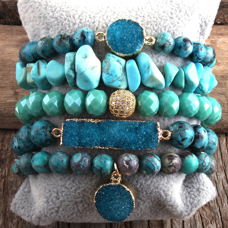 RH Fashion Boho Jewelry Natural Stone Druzy Charm Bracelet Bangle 5pc Bracelets Sets For Women Jewelryes Gift DropShip 250318