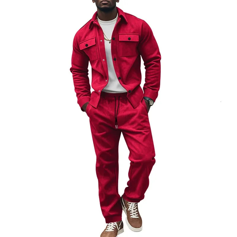 AutumnWinter Crossover American Heavy Jacket Casual Pants Two Piece Set Solid Color Mens Wear 250326