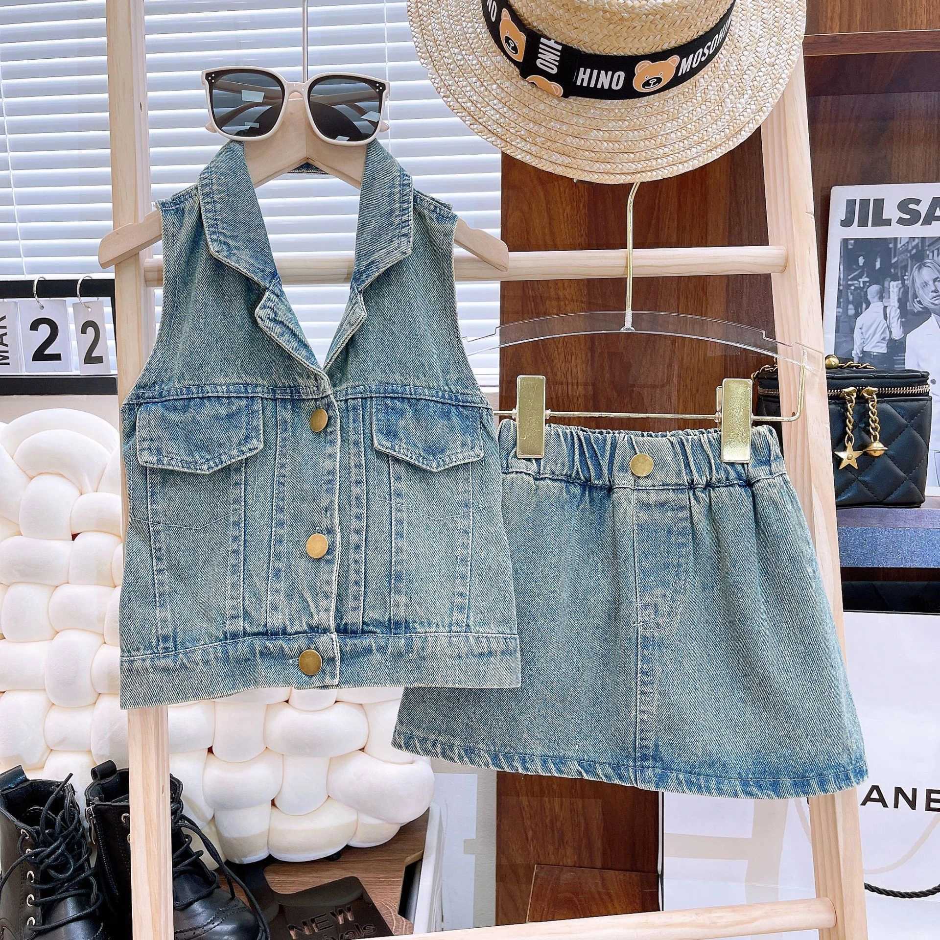 Summer New Girl Denim Set European and American Fashion Pendant Collar V-neck Sleeveless+Denim Short Dress SetT250327