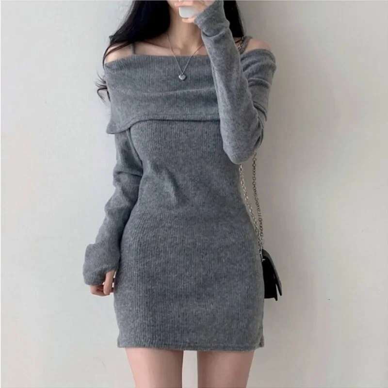 Knitted Chic Dress Sexy Korean Shoulder Bared Belted Ribbed Wrap around Mini Skirt for Small Figures Stylish Autumn Winter