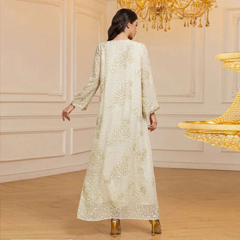 Dongdumaoyi Lente Nieuwe Jacquard Chiffon Pailletten Lint Lange Jurk Midden Oosten Moslim Gewaad W