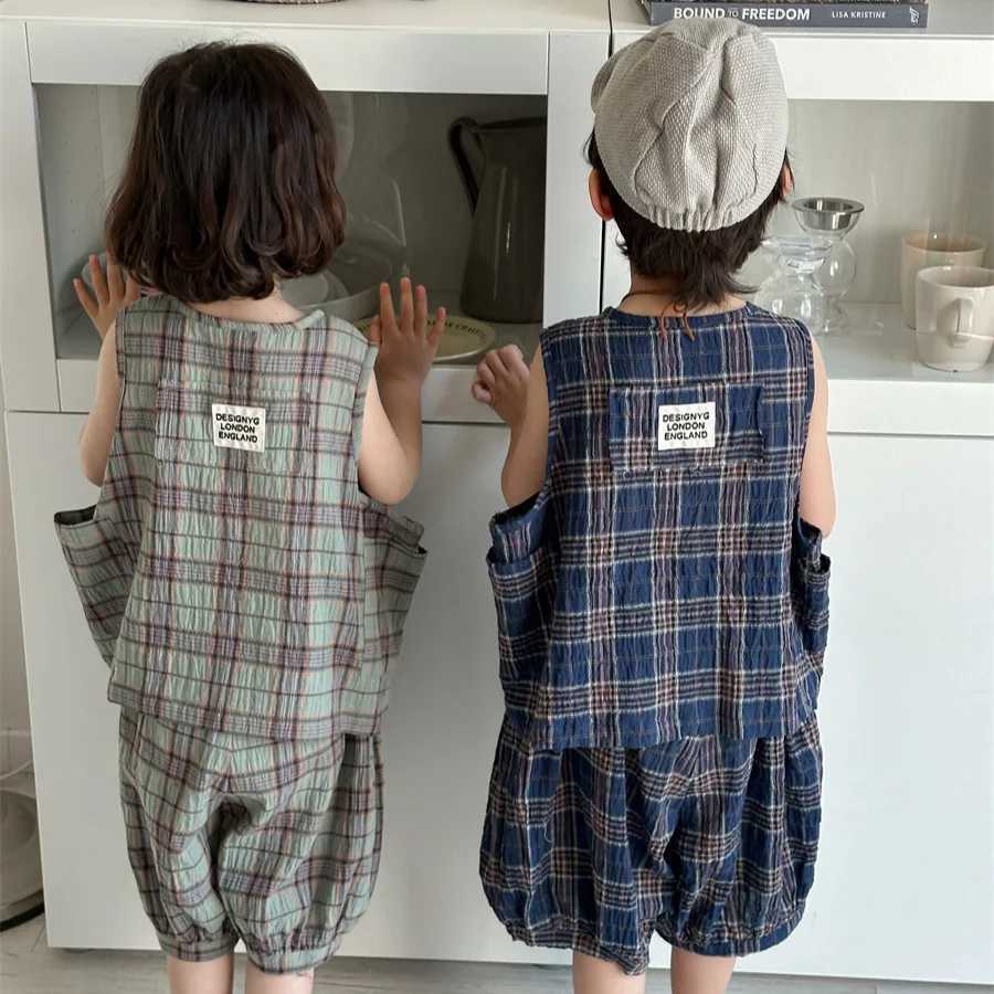 22321 Baby Short sleeved Dress 2024 Summer New Cotton Linen Boys Set Tank Top Pants Two Piece SetT250327