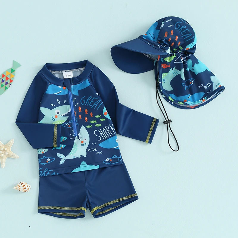 3Pcs Toddler Boys Rash Guard Swimsuits Cute Fish Print Long Sleeve Zip Up Bathing Suit Swimwear Beachwear Summer Clothes 250326