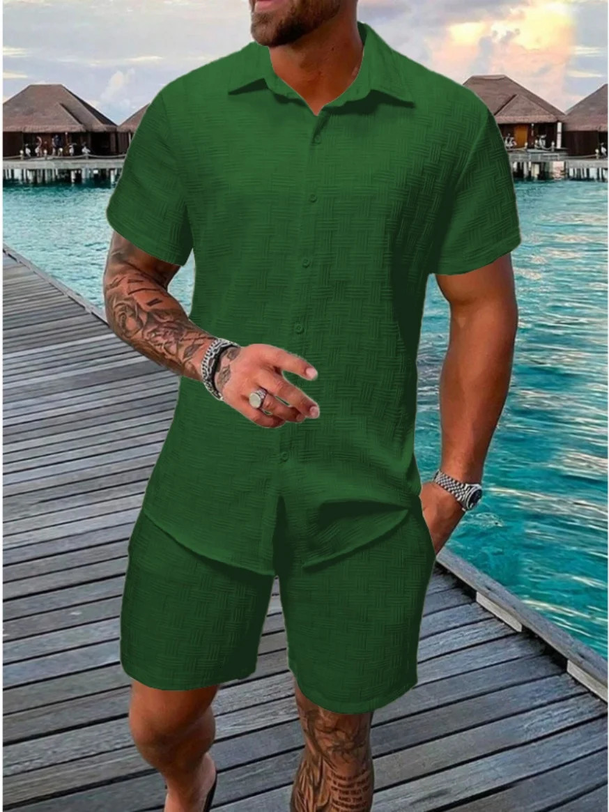 2025 Summer Jacquard plaid texture solid color set short sleeved mens fashionable and comfortable holiday beach style Tshirt two pieces 250326