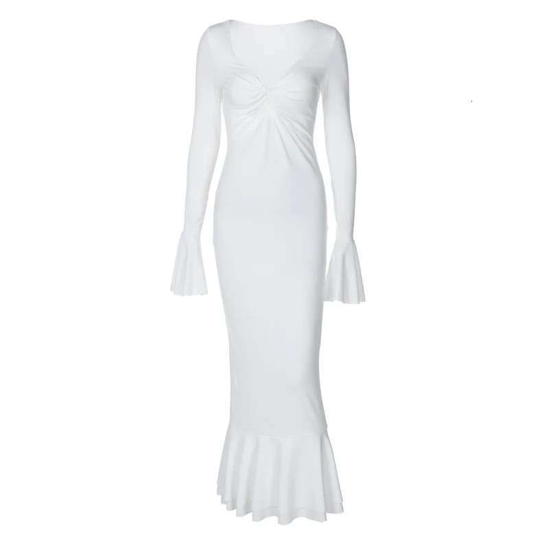 Dongdumaoyi Diepe V Klokmouwen Taille Kalkende Bodycon Geplooide Pure Sexy Desire Lange Jurk C