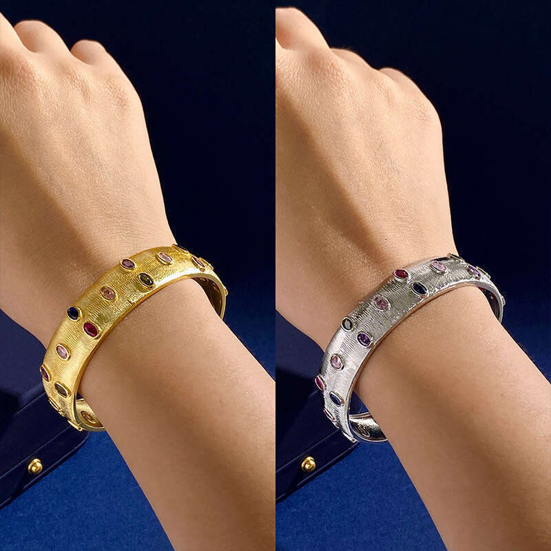 Italian court style brushed open bangle with oval colored dia elegant temperament C-shaped gold-plated bracelet