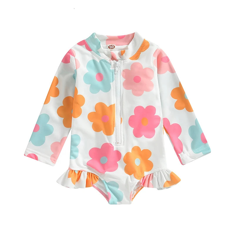 Kids Baby Girl Swimsuits Summer Floral Long Sleeve Zipper Ruffles Jumpsuit Swimwear Beachwear Bathing Suits 250326