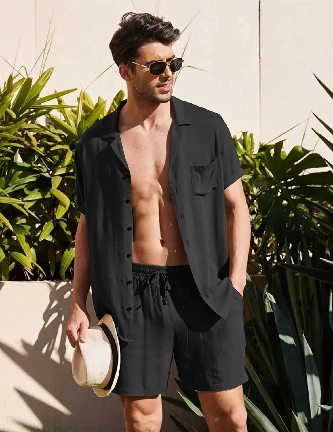 New linen short sleeved shirt set comfortable and breathable in summer loose and casual cardigan wool sweater absorbent shirtXJ250326