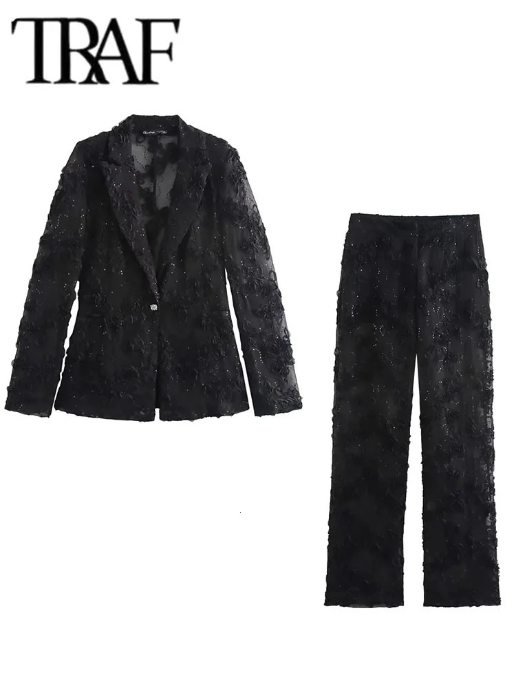 Glitter pants set for women 2piece transparent jacket womens elegant 250326