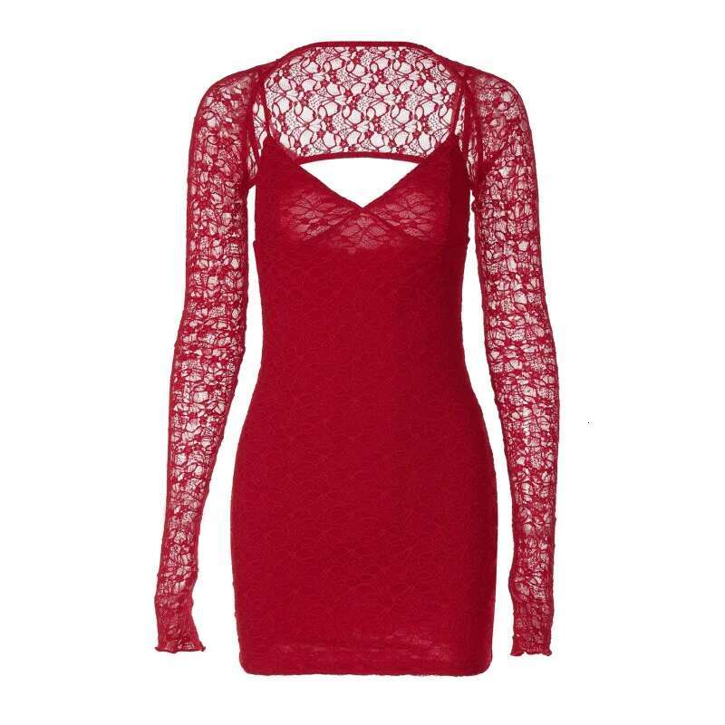 Dongdumaoyi Sexy Kanten Patchwork Jurk Met Bandjes Rood Puur Verlangen Heet Meisje Slim Fit Ontwerp V Hals Socialite Stijl Damesjurk C