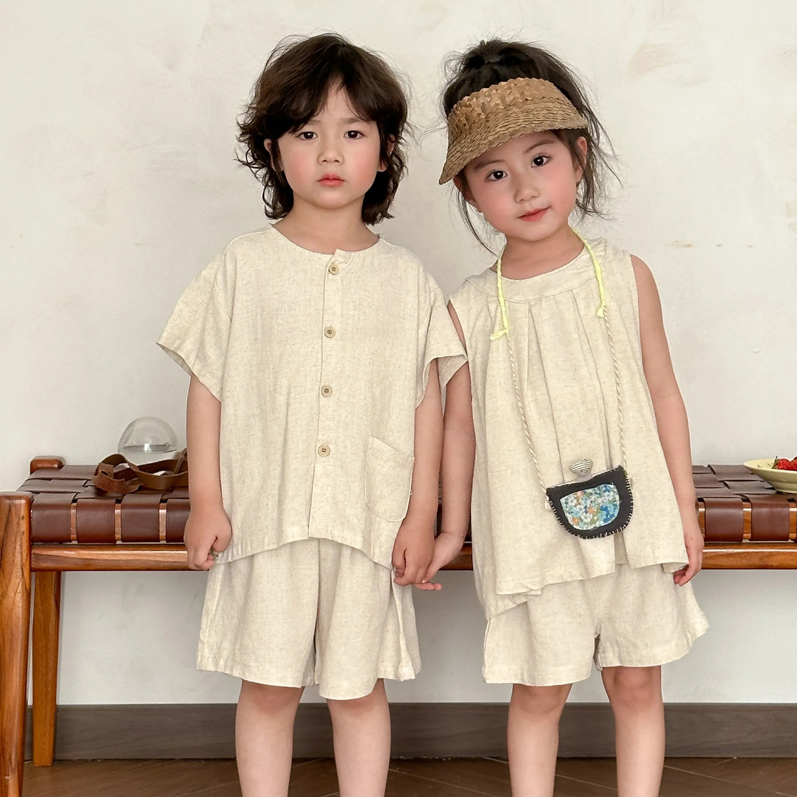 2025 Summer Kids Clothes Set Cotton Linen T-shirt Solid Shorts Boys 2Pcs Suit Short Sleeve Children Girls Outfits Sibling Look 250326